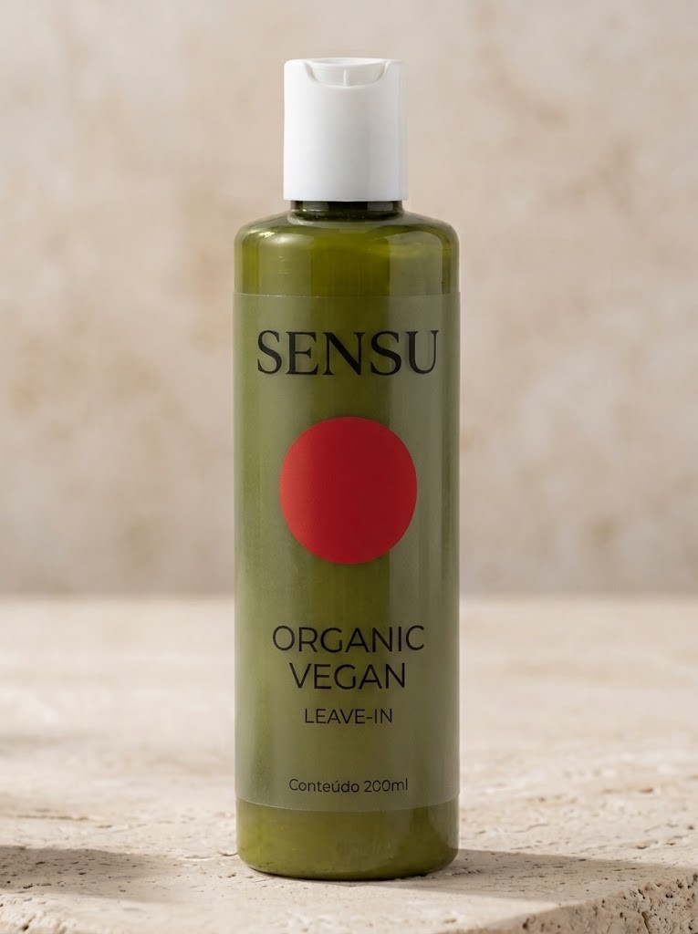 Frasco verde de leave-in SENSU com um círculo vermelho no rótulo