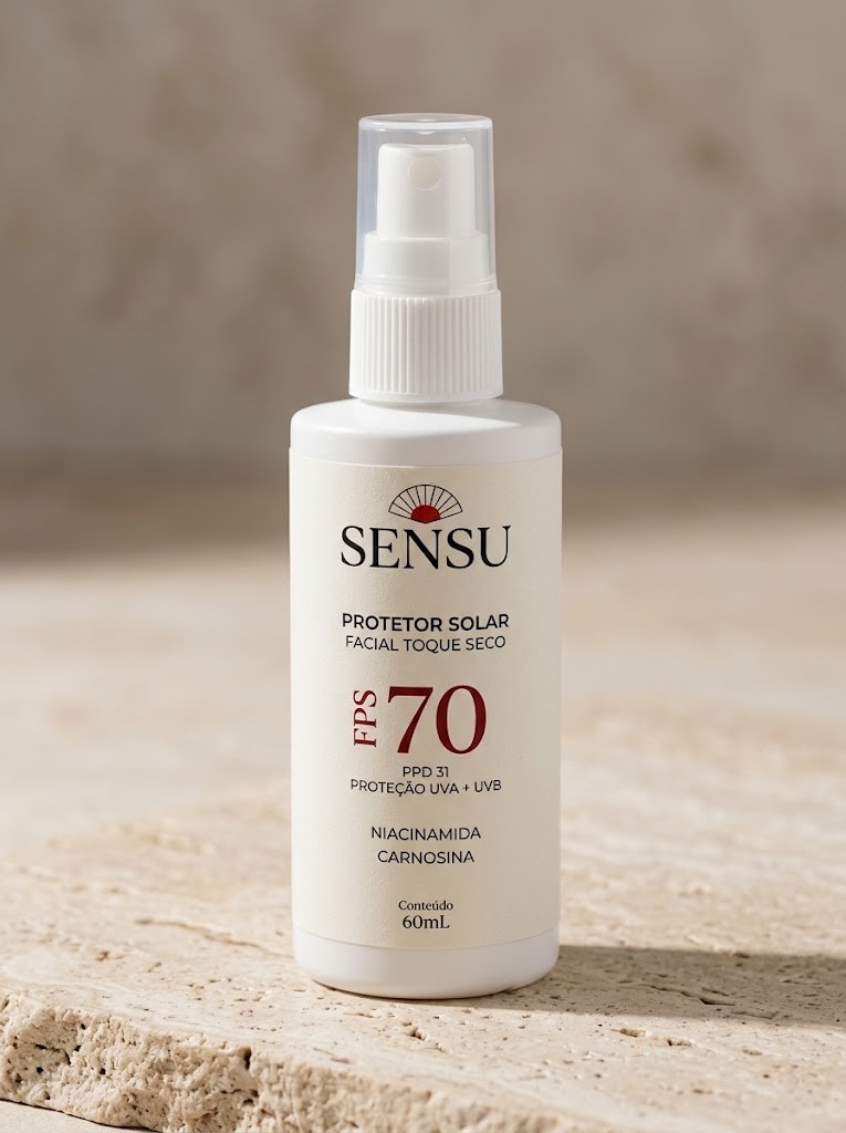 Frasco branco do protetor solar facial SENSU toque seco FPS 70, 60 mL, sobre uma pedra clara