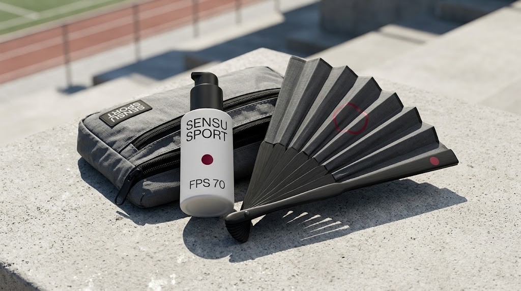 Frasco SENSU Sport, leque esportivo preto aberto e estojo cinza sobre um banco de concreto ao lado de uma pista de atletismo