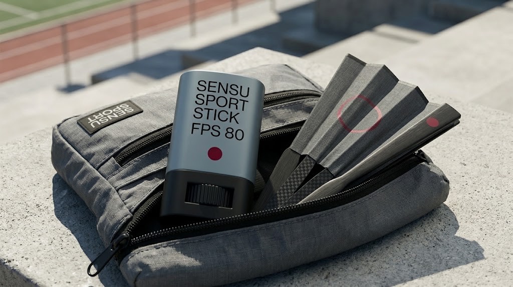 Bastão SENSU Sport e leque esportivo dobrado dentro do estojo cinza, ao lado de uma pista de atletismo