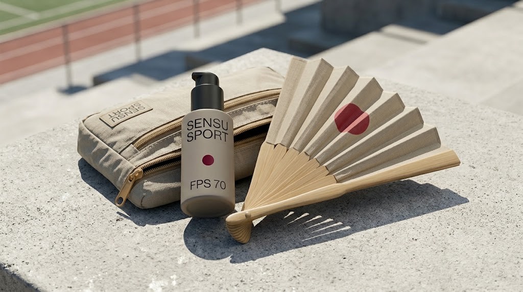 Frasco SENSU Sport em tom areia, leque de bambu com sol vermelho e estojo bege sobre um banco de concreto ao lado de uma pista de atletismo
