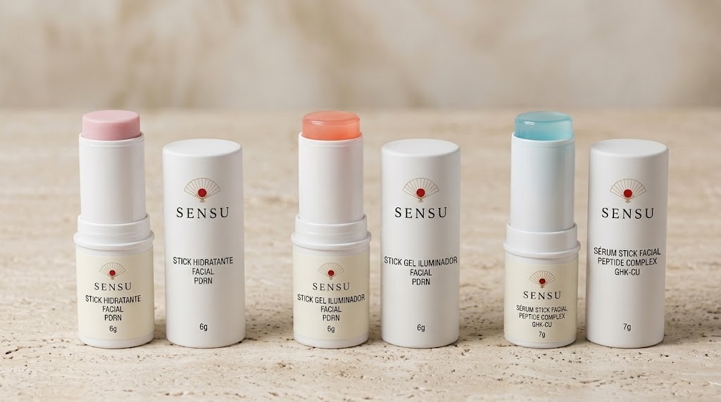 Três bastões faciais SENSU com suas tampas: hidratante rosa, gel iluminador coral e sérum azul